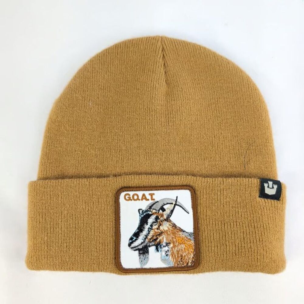 Goorin Bros The Farm G.O.A.T. Goat Animal Patch Cuffed Beanie Knit Hat Tan Brown - Picture 1 of 8